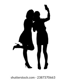 Silhouette de dos hermosas chicas tomando selfie sobre el vector de fondo blanco.	