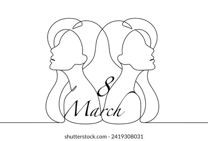 Silhouette of two beautiful young women. Greeting card for March 8th. Vector illustration. Images produced without the use of any form of AI software at any stage. 