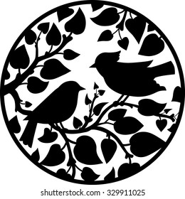 Silhouette two birds and branches in a circle