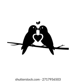 A silhouette of two birds facing each other on a branch, forming a heart shape in the middle, symbolizing love and companionship.