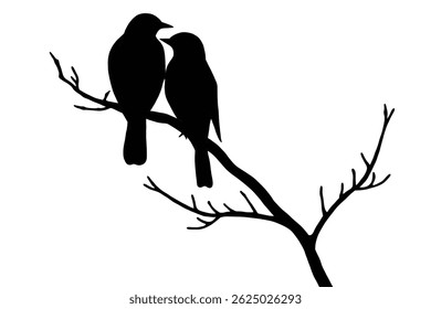 Silhueta de dois pássaros empoleirados em um galho nu, representando amor, paz e harmonia natural