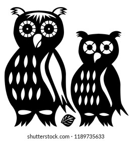 Silhouette of two black owls and one leaf. Retro stil. Wild animal. Vector Illustration isolated on white background. Suitable for laser or die cutting. Template. Simple Illustration. Window art.