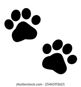 Silhouette of two black paw prints isolated on a white background. Simple and clean design ideal for pet-related themes, veterinary services, animal logos, or decorative elements for creative projects