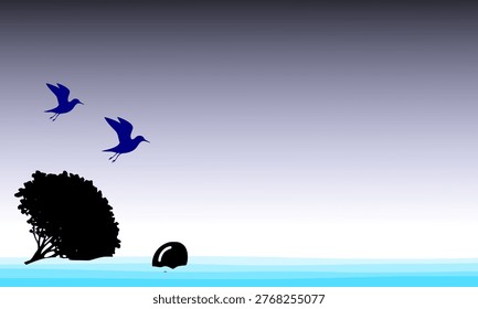  Silhouette of Two Blue Birds Flying Over Calm Water with Tree and Rock Against Soft Gray Twilight Sky – Peaceful Wildlife Nature Background Illustration