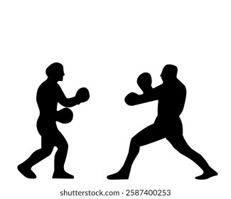 Silhouette of two boxers in action, facing each other in a dynamic stance. A perfect vector illustration for sports, fitness, competition, and martial arts themes