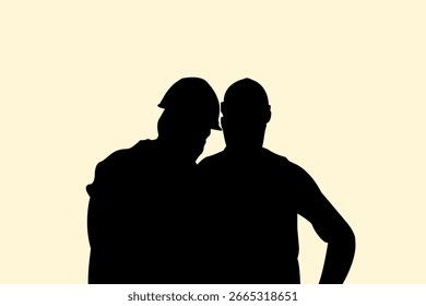 Silhueta de dois construtores planejando um trabalho. Ícone do homem da construção pessoas. Ilustração vetorial.