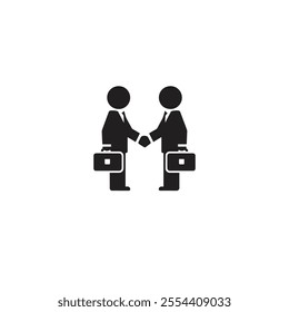 Silhouette of two business figures engaging in a handshake. Both figures are holding briefcases, symbolizing a professional agreement or partnership in a business context.