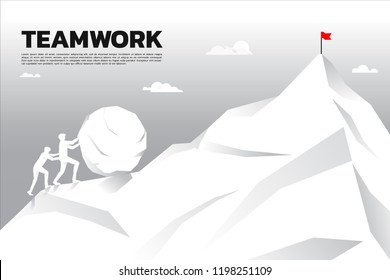 Silhouette Of Two Businessman Pushing The Big Rock To The Top Of Mountain. Concept Of Business Challenge And Teamwork.