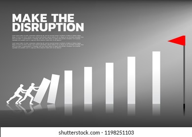 Silhouette of two businessman pushing the block to create domino effect to hit the flag. business concept of teamwork. start up team try to make the domino effect to disrupt industry