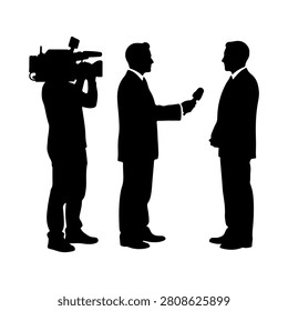 Silhouette of two businessmen in discussion, with a third person filming or recording, symbolizing interview, interviewee, or business communication.