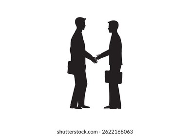 Silhouette of two businessmen shaking hands in agreement or partnership deal.
