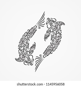 Silhouette of two carp from decorative ornate ornaments and curls. Pattern isolated on white background. Vector illustration