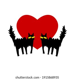 Silhouette of two cats with a heart. Greeting card for Valentine's Day.
