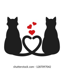 Silhouette of two cats with heart tails. Greeting card for Valentine's Day. Vector illustration for postcards, posters, banners or flyers.