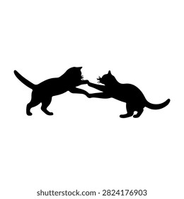 Silhouette of two cats playfully fighting or wrestling, captured in a dynamic pose with tails raised and paws extended, on a plain background.