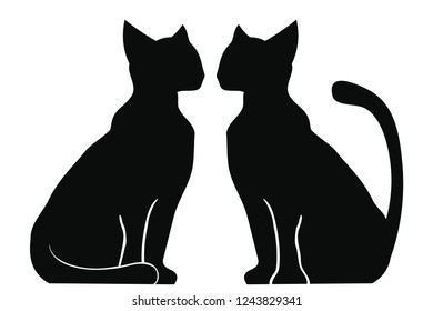 Silhouette of two cats sitting near each other. Animals isolated on white background.