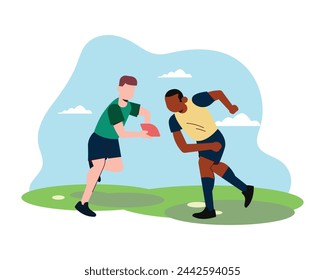 The silhouette of two Caucasian rugby male players isolated on white background. Studio shot of fit men in motion or movement with ball. Jump and action concept. An incredible strain of all forces.
