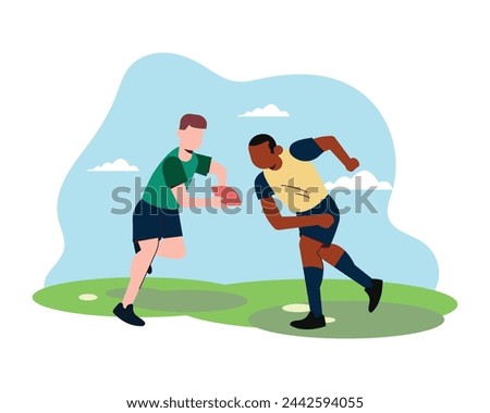 The silhouette of two Caucasian rugby male players isolated on white background. Studio shot of fit men in motion or movement with ball. Jump and action concept. An incredible strain of all forces.
