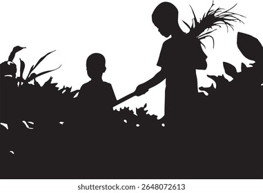 A silhouette of two children in a field, one carrying foliage, holding a stick, and surrounded by plants
