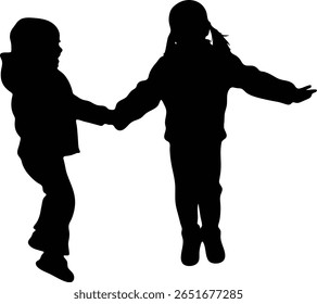A silhouette of two children holding hands and jumping against a white background. The image captures a sense of joy, friendship, and playful energy.