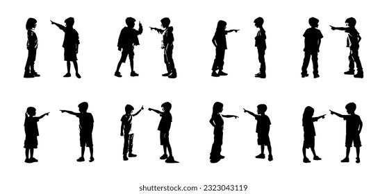 silhouette of two children quarreling, debating, pointing at each other, shouting, angry