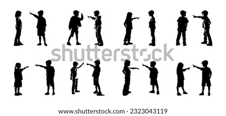 silhouette of two children quarreling, debating, pointing at each other, shouting, angry