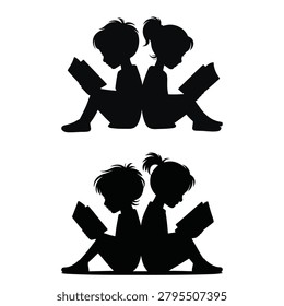 Silhouette of two children sitting backtoback reading books in black on white background
