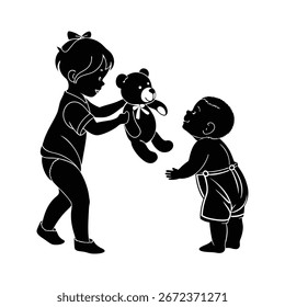 Silhouette von zwei Kindern mit Teddybär