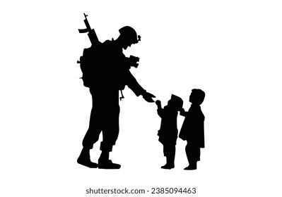 Silhouette of two childs with soldier.Child safetyillustration. Stop war