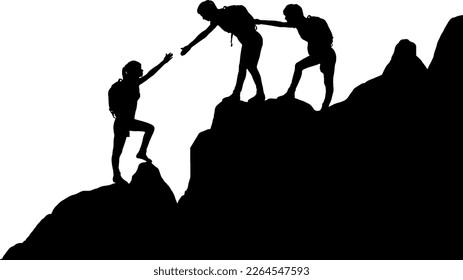 Silhouette de dos escaladores ayudando a otro escalador a superar un obstáculo en las montañas. Silhouette vectorial. Concepto de equipo de negocios