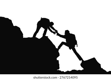Silhouette of two climbers on a mountain, one helping another to reach the top. Concept of teamwork, support, success, and motivation.