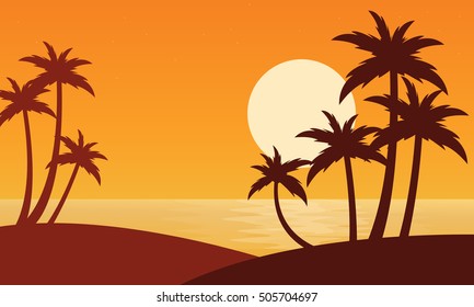 Silhouette of two clum palm on seaside scenery