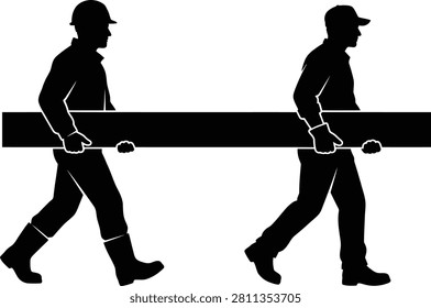 Silhouette of two construction workers in hard hats carrying a heavy wooden beam with construction site