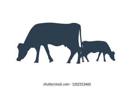 Silhouette of two cows. Vector Cow icon or symbol for milk or meat or farm animal concept.