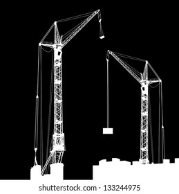 Silhouette of two cranes working on the building. Vector illustration.