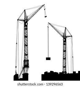 Silhouette of two cranes working on the building. Vector illustration.