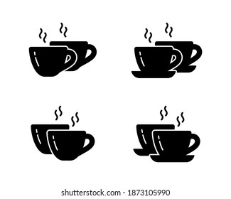 Silhouette von zwei Tassen Kaffee oder Tee. Umrisse Icons Set von heißem Getränk für Paar. Schwarze, einfache Illustration für Menü, Verpackungsdesign. Flaches, isoliertes Vektorpiktogramm auf weißem Hintergrund