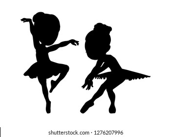 Silhouette of two cute ballerinas. Hand drawn illustration of dancing little girls. Vector image.