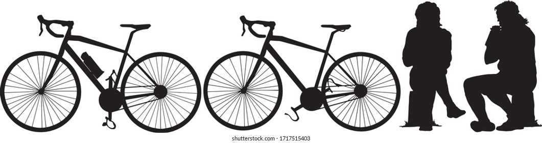 Silhouette of two cyclist taking a rest after a cycling road trip. Vector illustration.