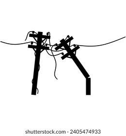 Silhouette of two damaged electricity poles with broken wires. The causes of power outages are very dangerous. Vector illustration.