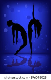 Silhouette of two dancers on abstract background 