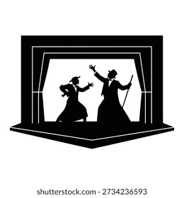 Silhouette of two dancers performing on a stage with curtains performance theatre