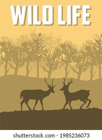 silhouette of two deer against a forest background in autumn