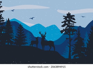 silhouette of two deer in the forest. forest landscape. vector. EPS format