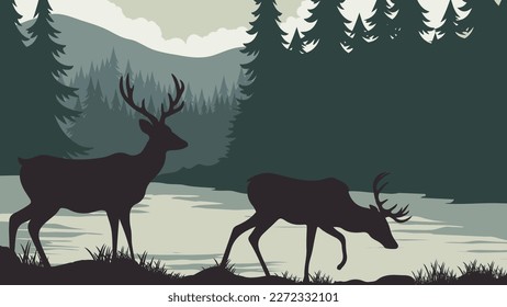 silhouette of two deer are grazing in the grass near a lake and forest