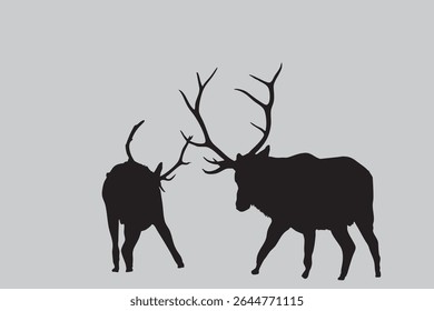 Silhouette of Two Deer with Large Antlers on Gray Background