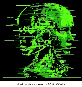 Silhouette of two distorted human heads. Conceptual vector illustration of artificial intelligence, deep learning and face recognition systems.