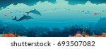 Silhouette of two dolphins, coral reef and school of fish on a blue sea background. Underwater cave and ocean creatures. Vector seascape.