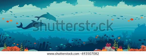 Silhouette of two dolphins, coral reef and school of fish on a blue sea background. Underwater cave and ocean creatures. Vector seascape.