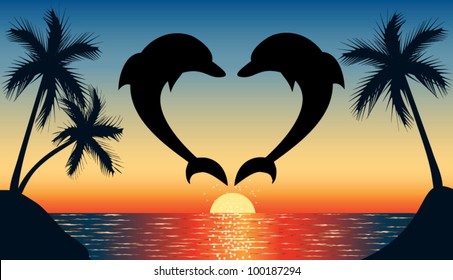 Silhouette of two dolphins jumping out of water in the ocean shaped heart and silhouette of palm tree at sunset